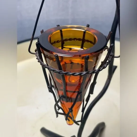 Vintage Mid Century Modern Wrought Iron Tree w/Amber Glass Cone Candle Holder - Picture 2 of 11